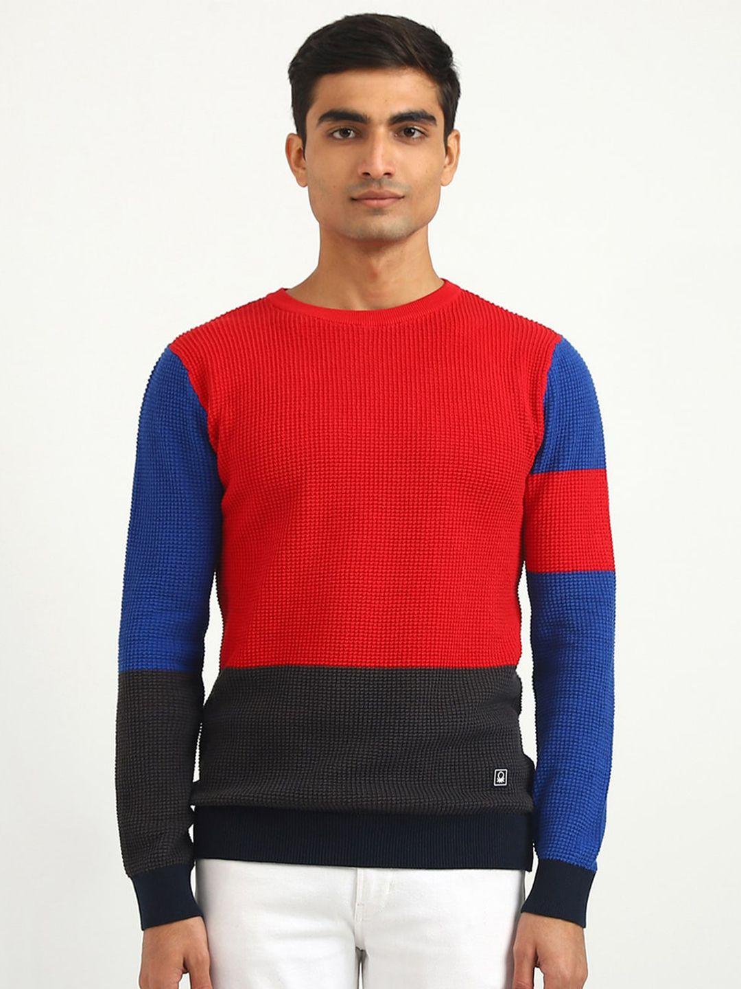 united colors of benetton men red & blue colourblocked colourblocked pullover