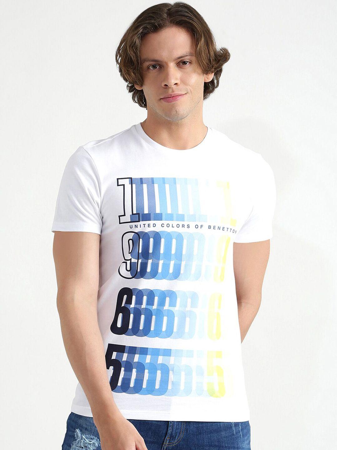 united colors of benetton men white & blue typography printed t-shirt