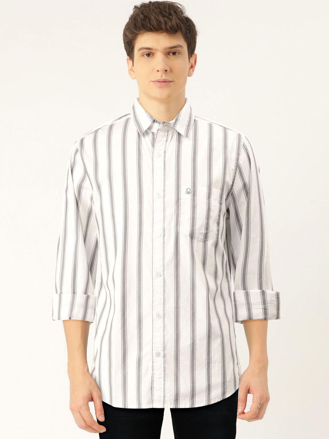 united colors of benetton men white & grey poplin weave regular fit striped casual shirt