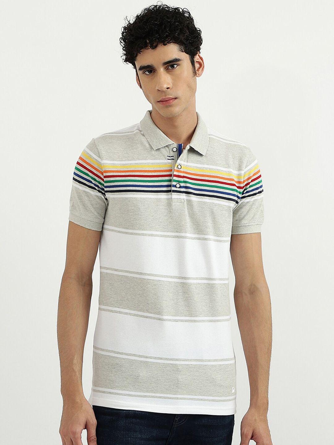 united colors of benetton men white & grey printed polo collar cotton t-shirt