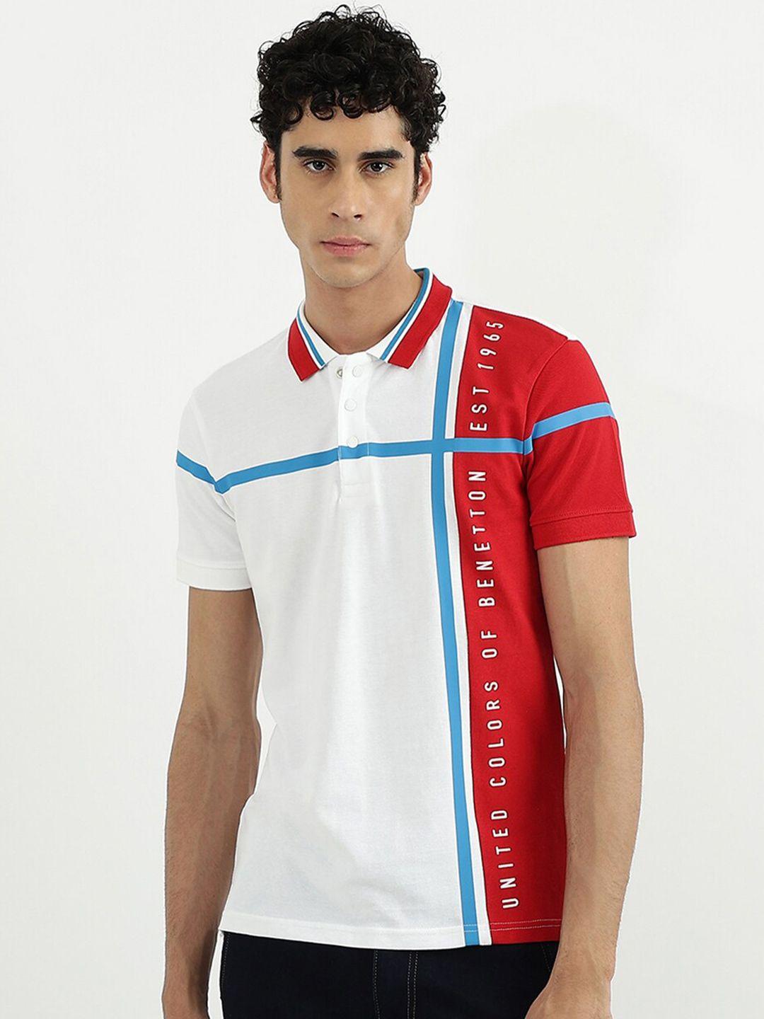 united colors of benetton men white striped polo collar cotton t-shirt