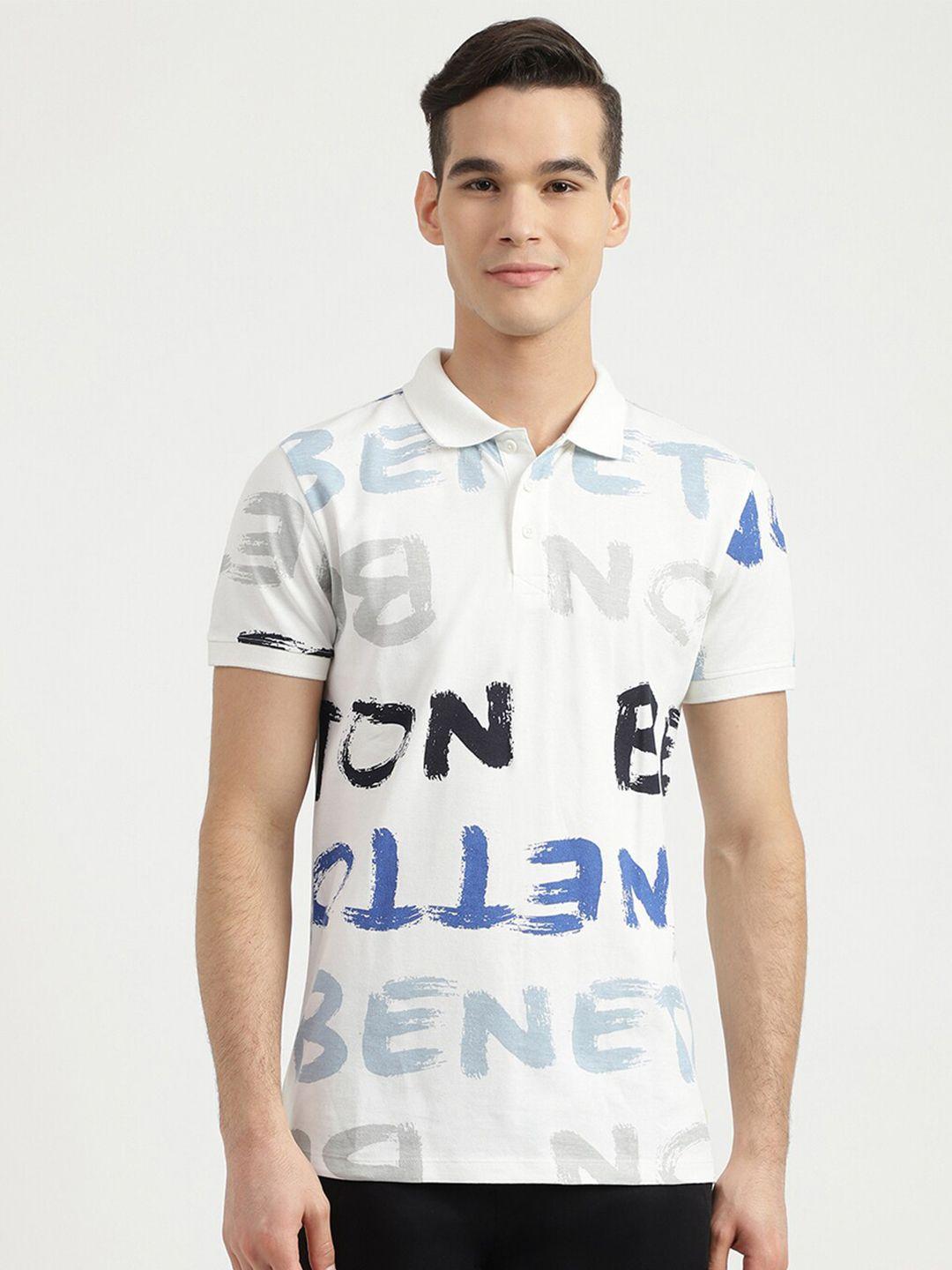 united colors of benetton men white typography printed polo collar cotton t-shirt