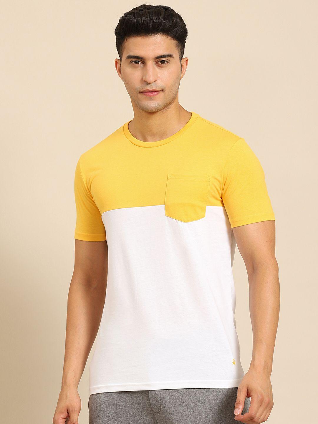 united colors of benetton men yellow & white colourblocked t-shirt