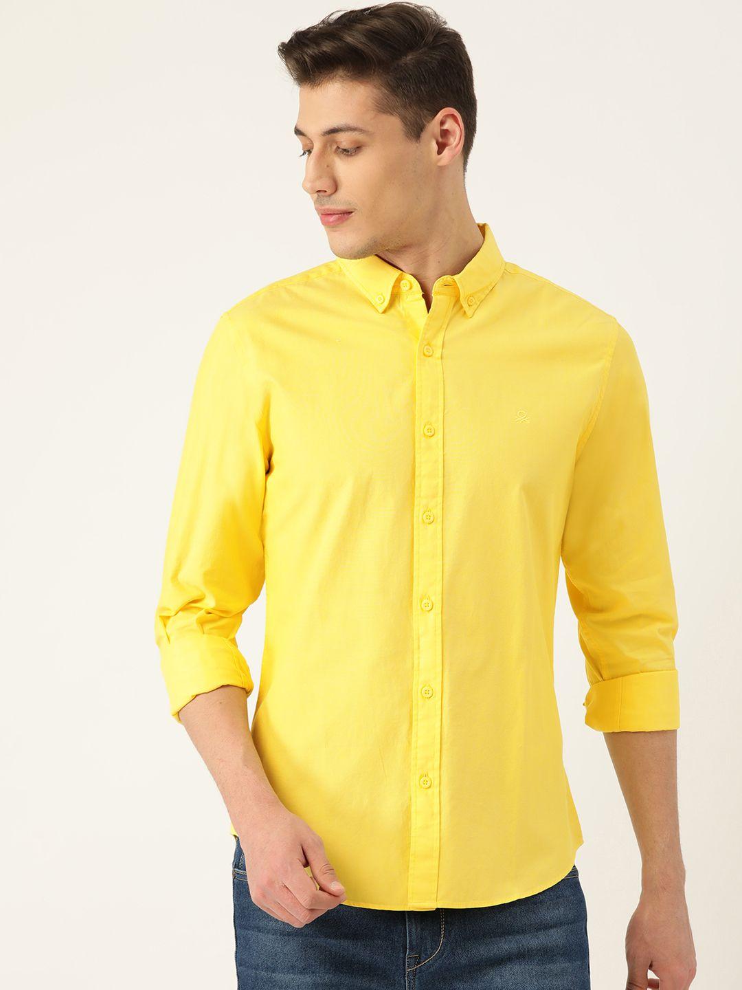 united colors of benetton men yellow oxford woven slim fit solid casual shirt