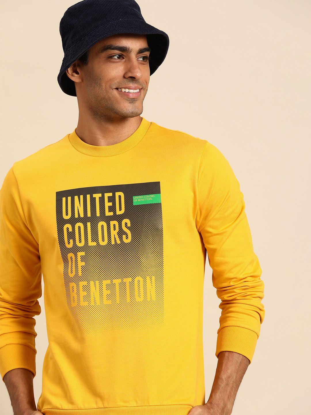 united colors of benetton men yellow printed sweatshirt