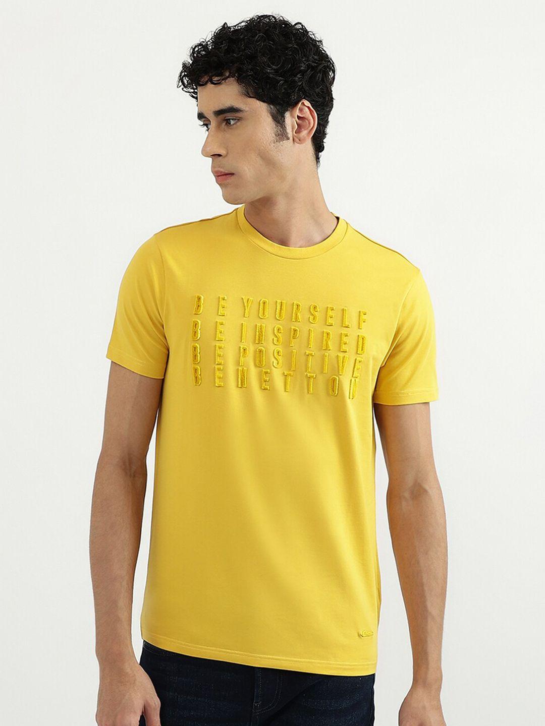 united colors of benetton men yellow typography printed cotton t-shirt