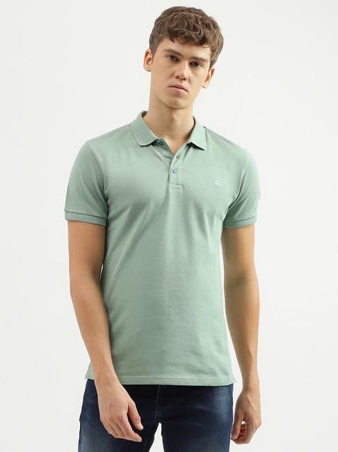 united colors of benetton mint green cotton regular fit texture polo t-shirt