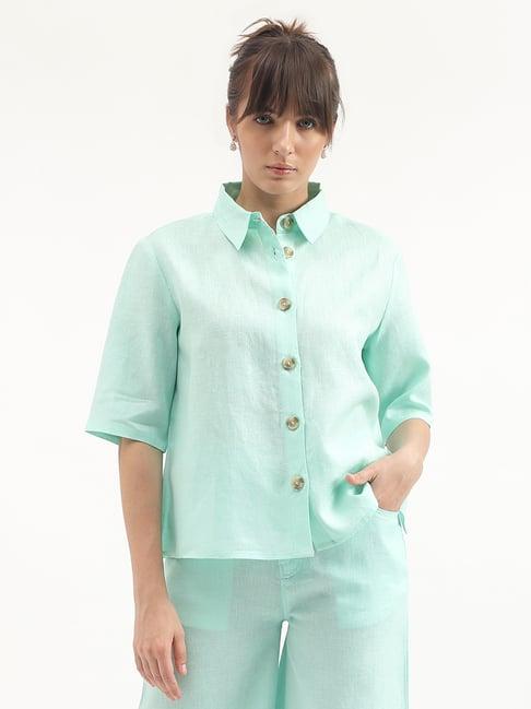 united colors of benetton mint green linen regular fit shirt