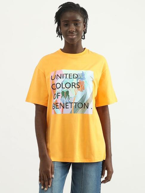 united colors of benetton orange cotton printed t-shirt