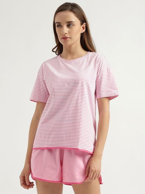 united colors of benetton pink cotton striped top shorts set