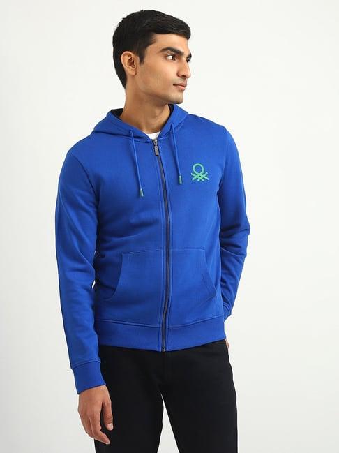 united colors of benetton royal blue slim fit hooded sweatshirt