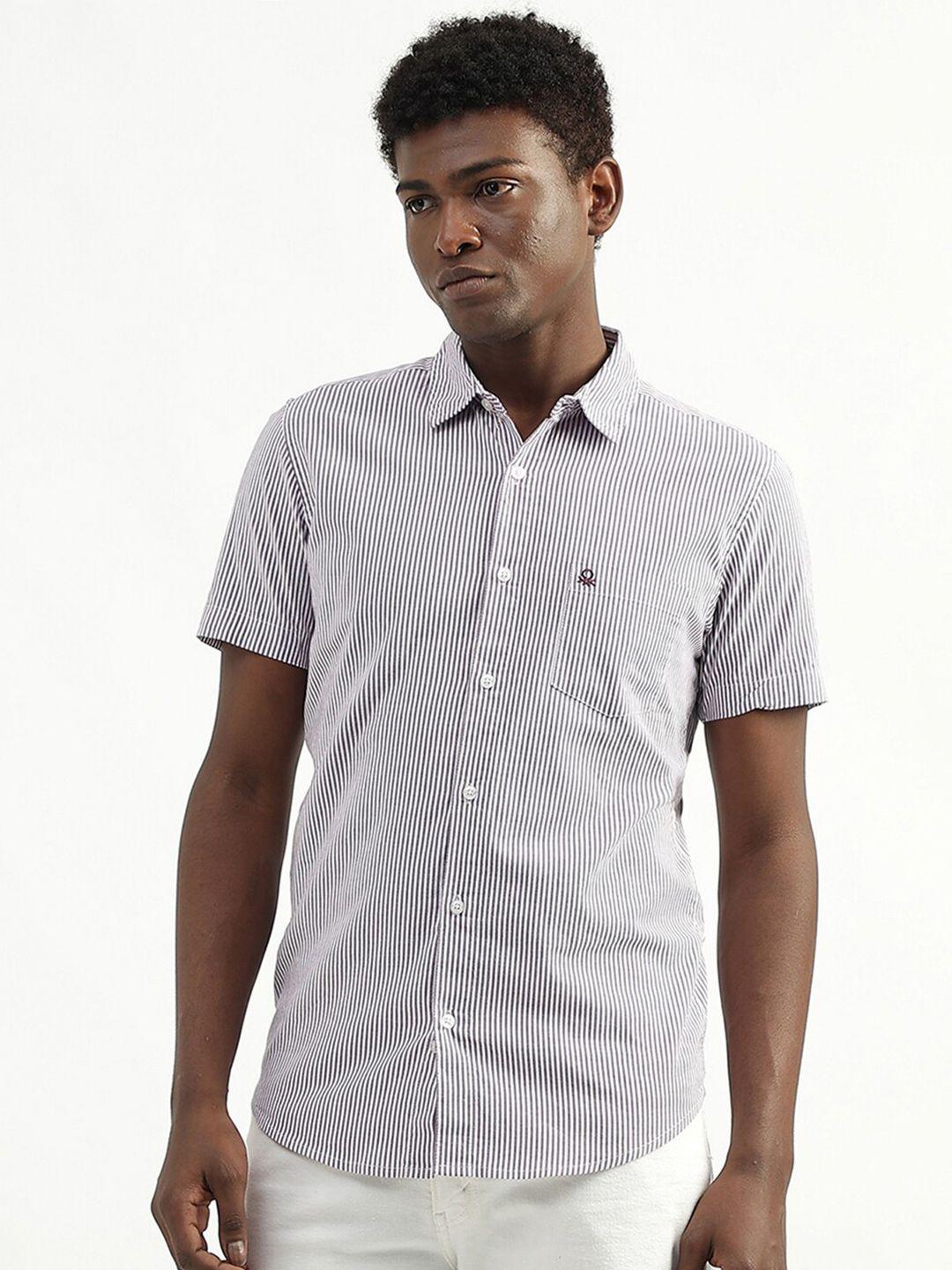 united colors of benetton short sleeves patch pocket striped slim fit casual cotton shirt