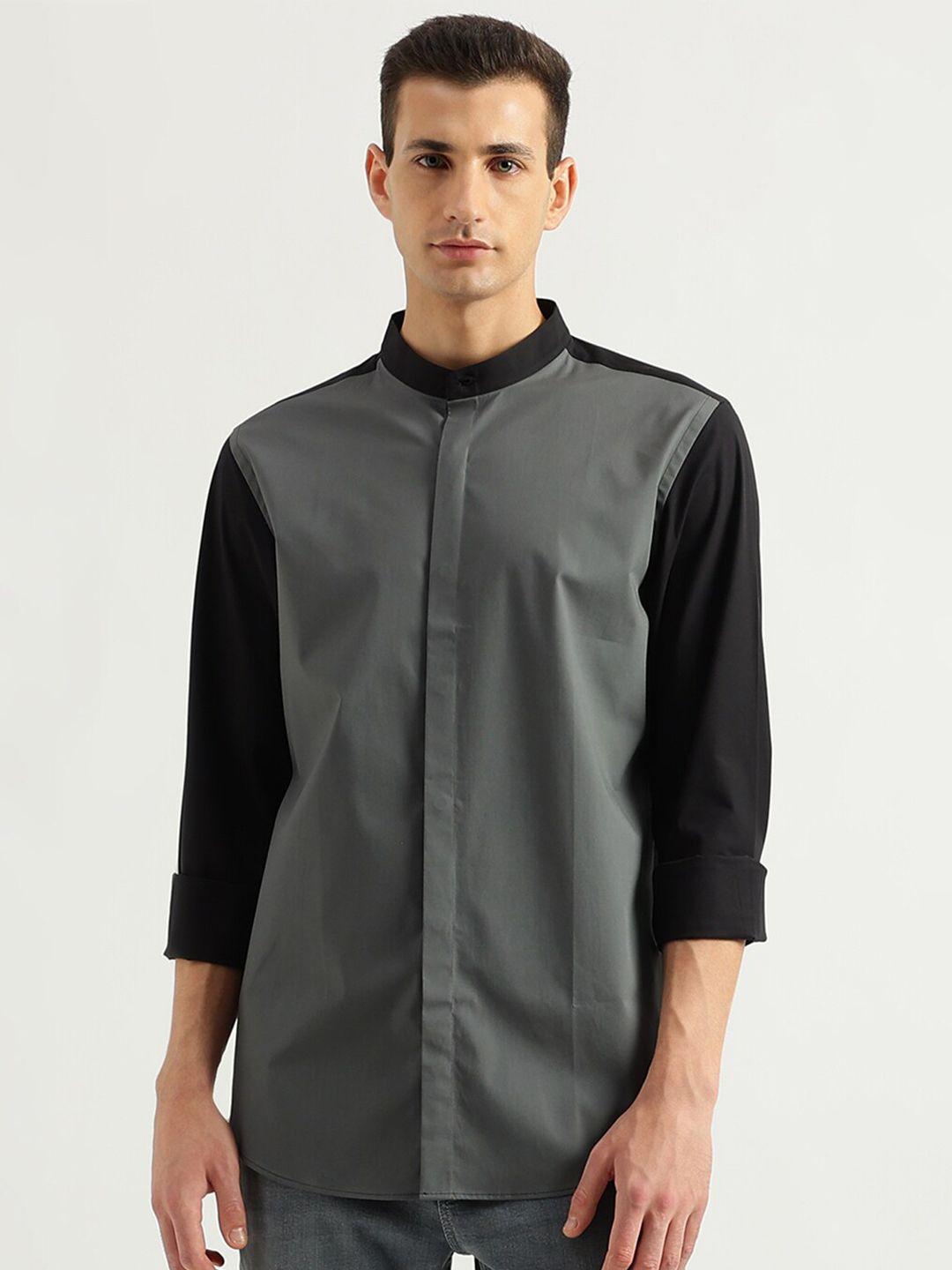 united colors of benetton slim fit colourblocked mandarin collar cotton casual shirt
