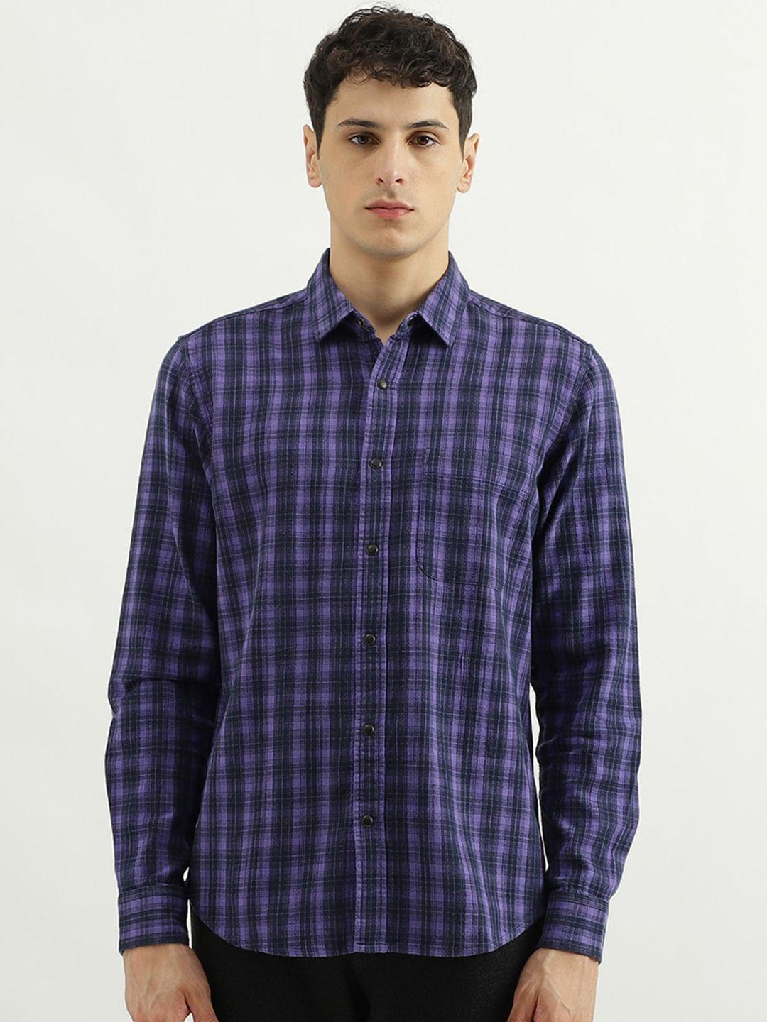 united colors of benetton spread collar opaque checked pure cotton casual shirt