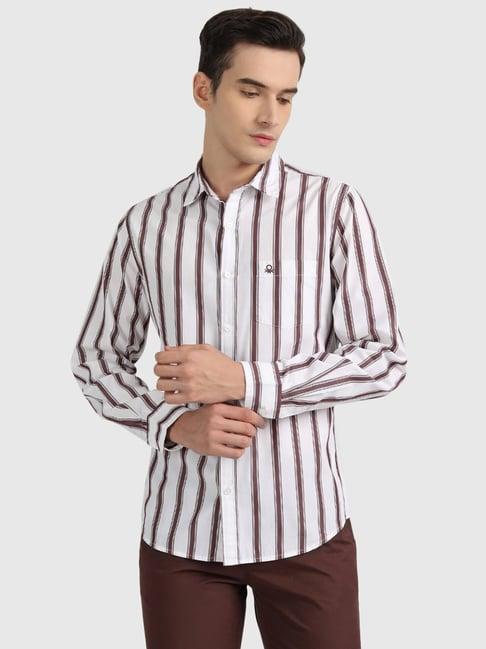 united colors of benetton white & brown slim fit striped shirt