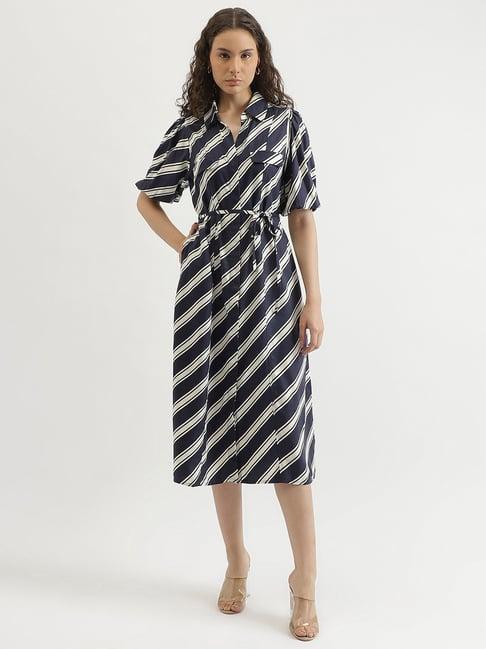 united colors of benetton white & navy striped wrap dress