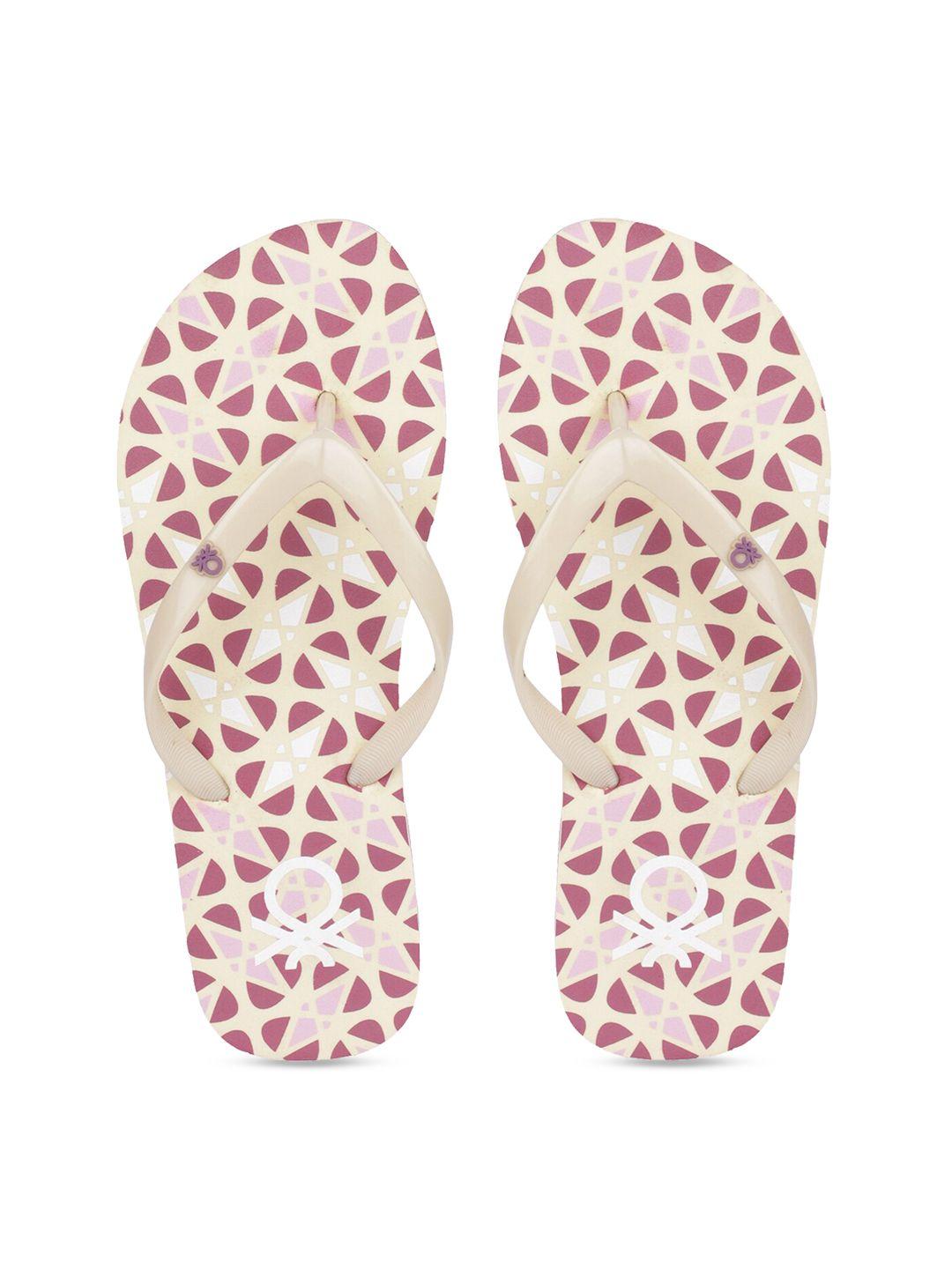 united colors of benetton women beige & maroon printed thong flip-flops