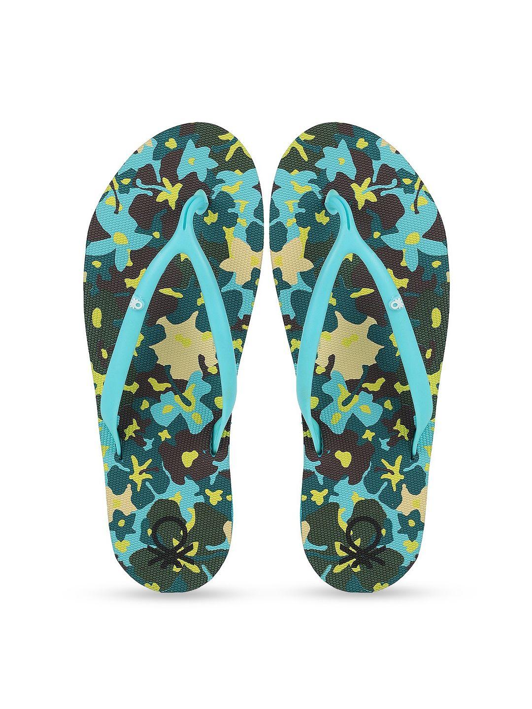 united colors of benetton women blue & green printed rubber thong flip-flops