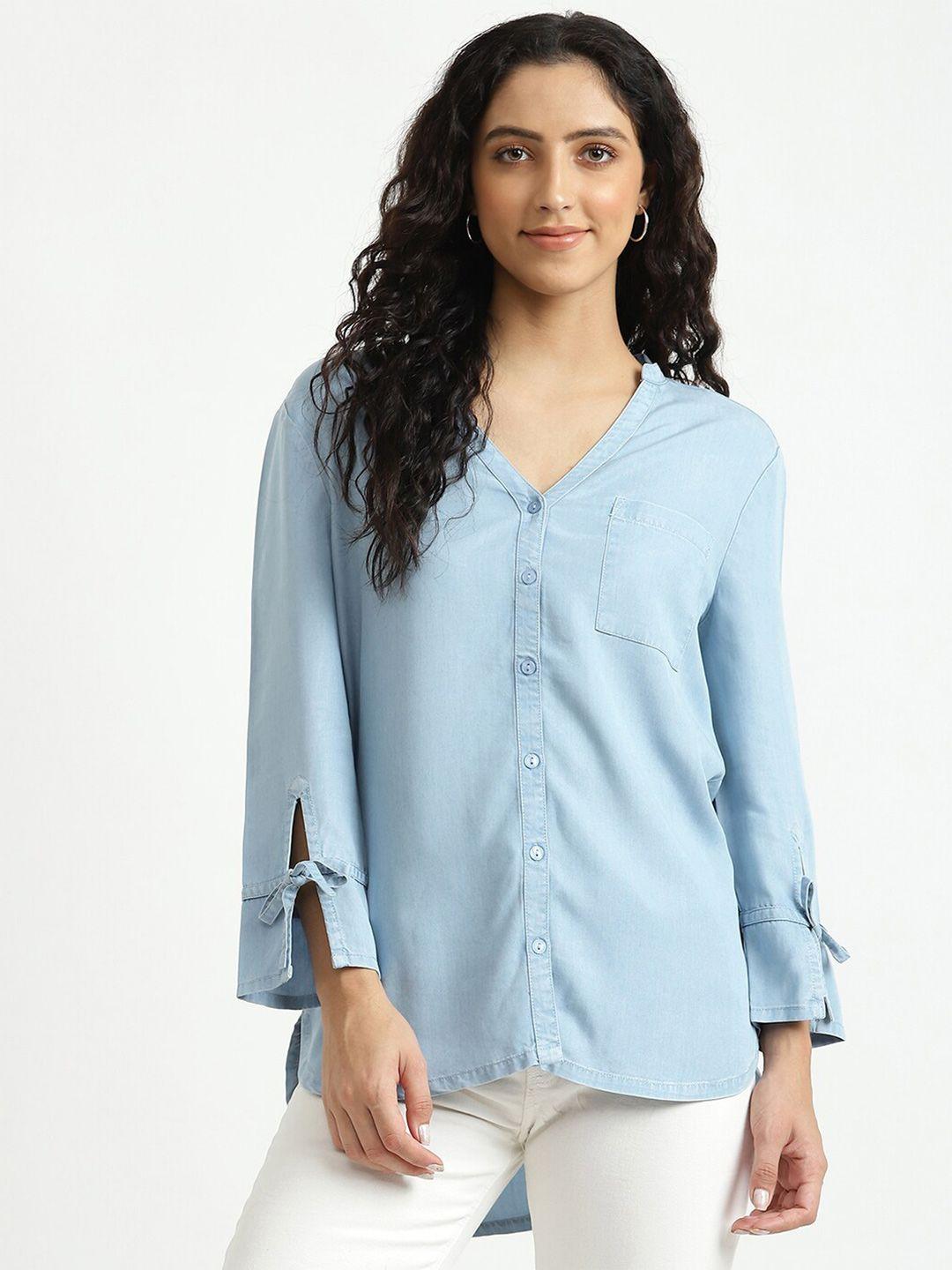 united colors of benetton women blue roll-up sleeves shirt style top