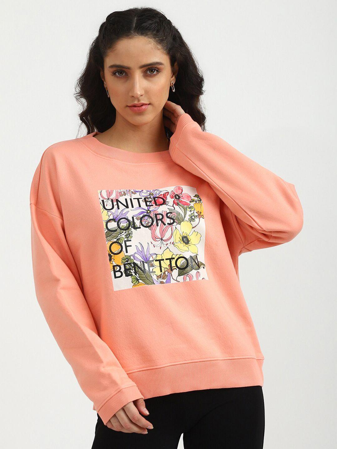 united colors of benetton women peach-coloured printed sweatshirt