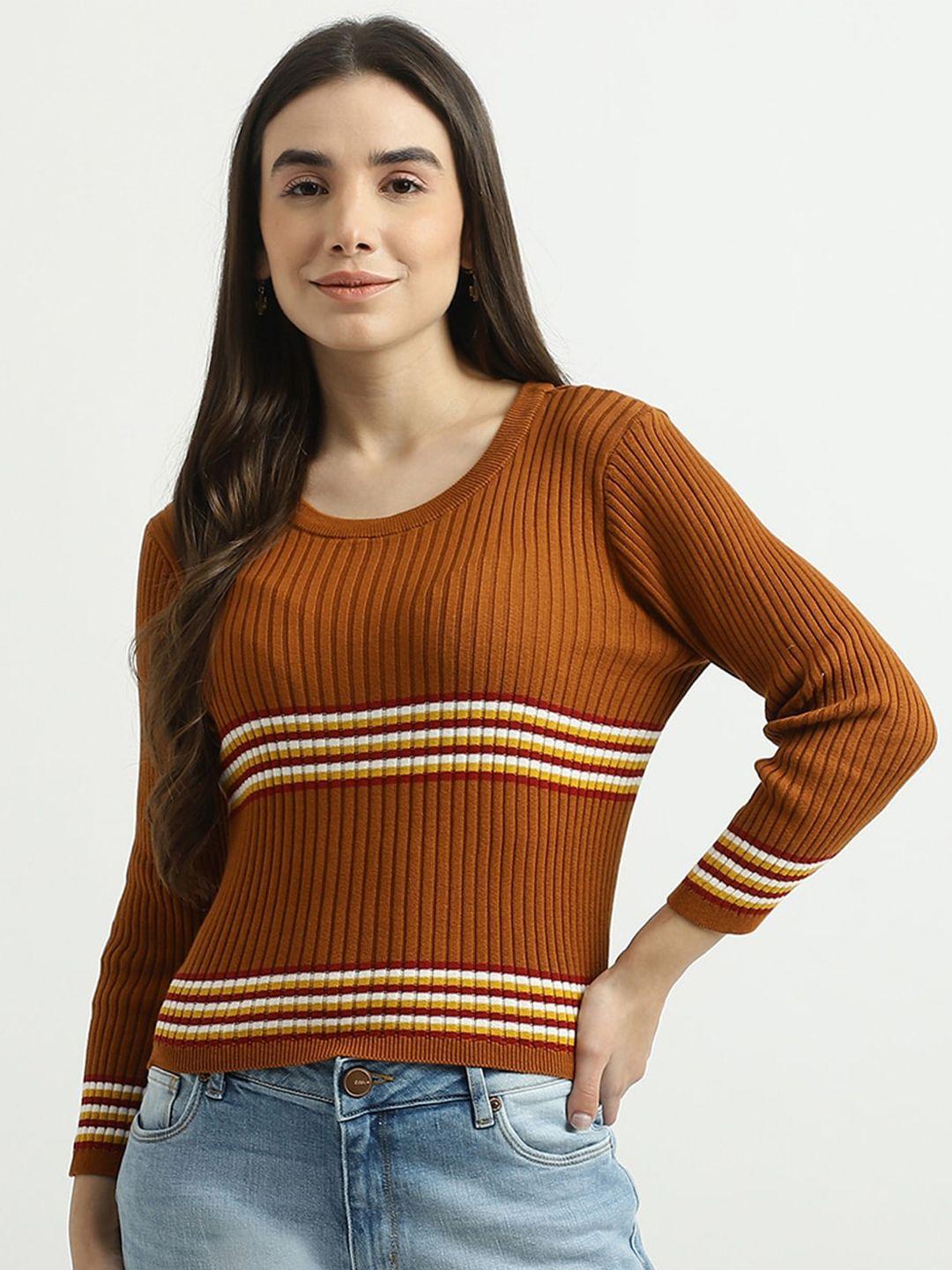 united colors of benetton women rust brown striped crop pullover