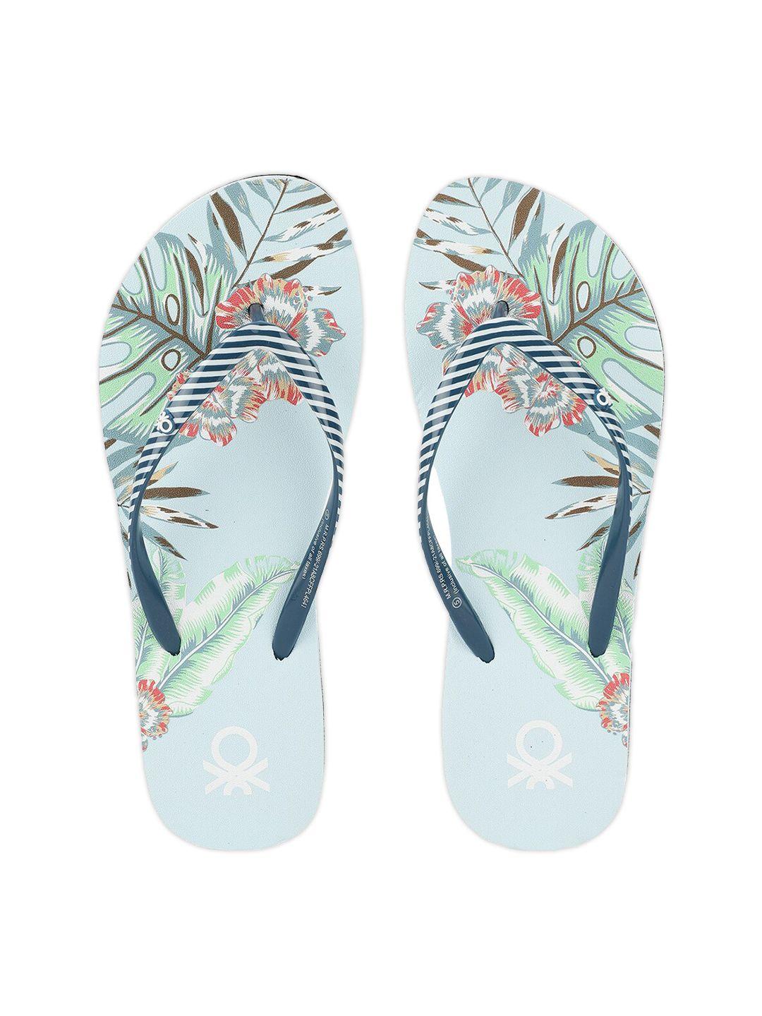 united colors of benetton women turquoise blue & green printed rubber thong flip-flops