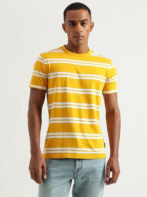 united colors of benetton yellow cotton regular fit striped t-shirt