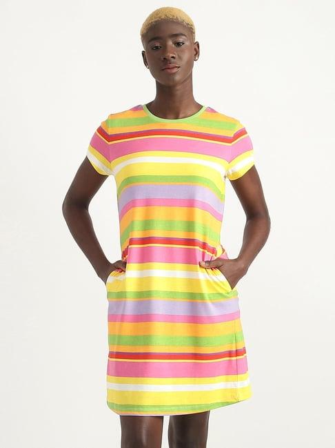 united colors of benetton yellow cotton striped a-line dress