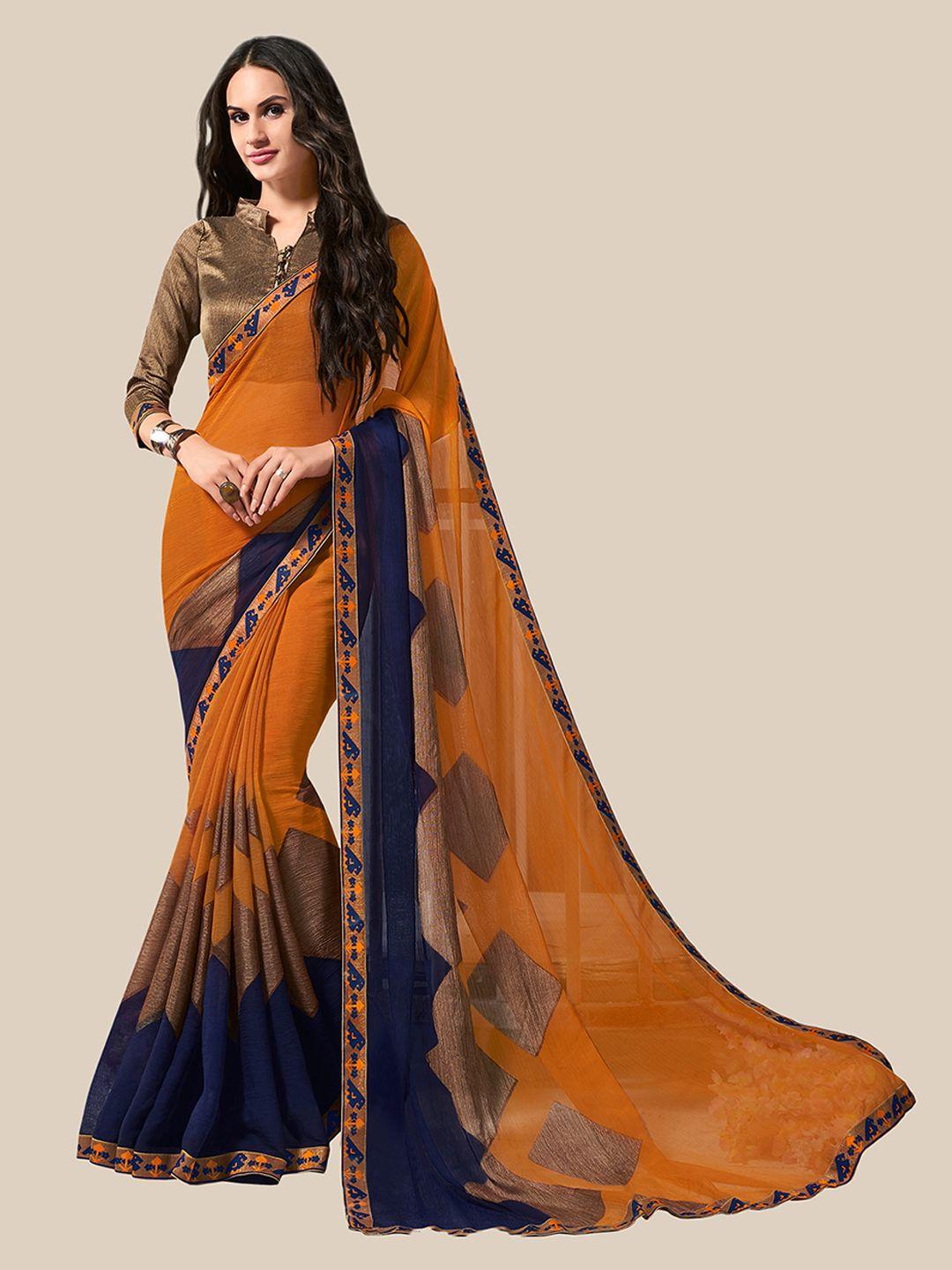 united liberty orange & blue geometric printed saree