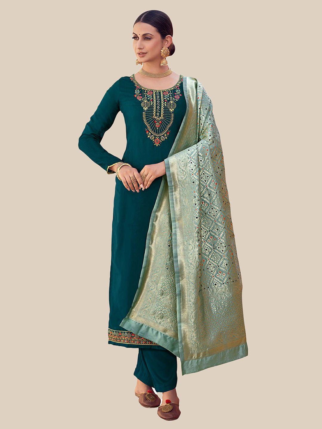 united liberty teal & gold-toned embroidered tusser satin semi-stitched dress material