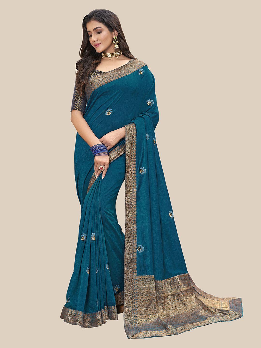 united liberty teal & gold-toned floral embroidered art silk block print saree