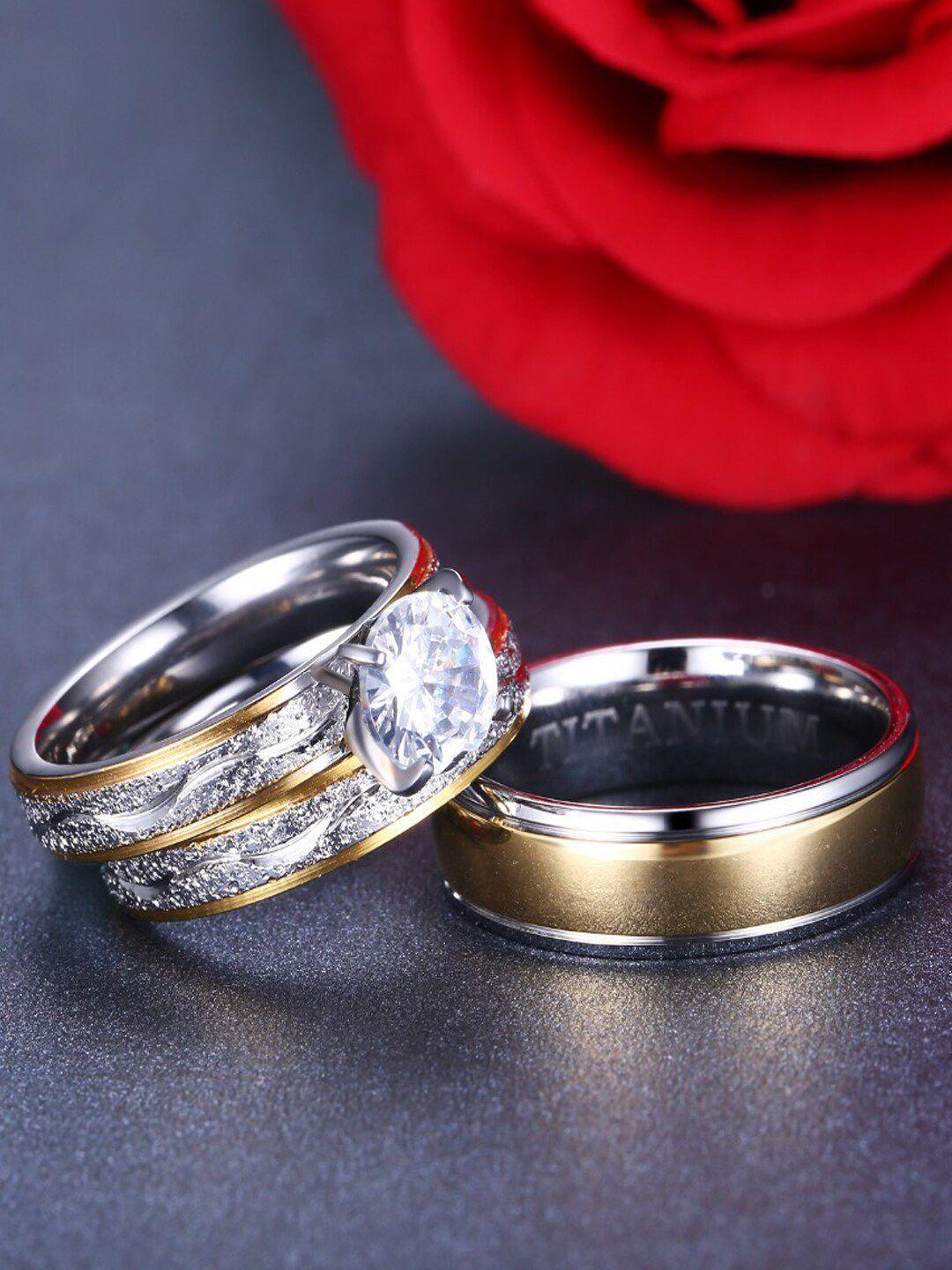 university trendz set of 2 gold-plated cz-studded couple rings
