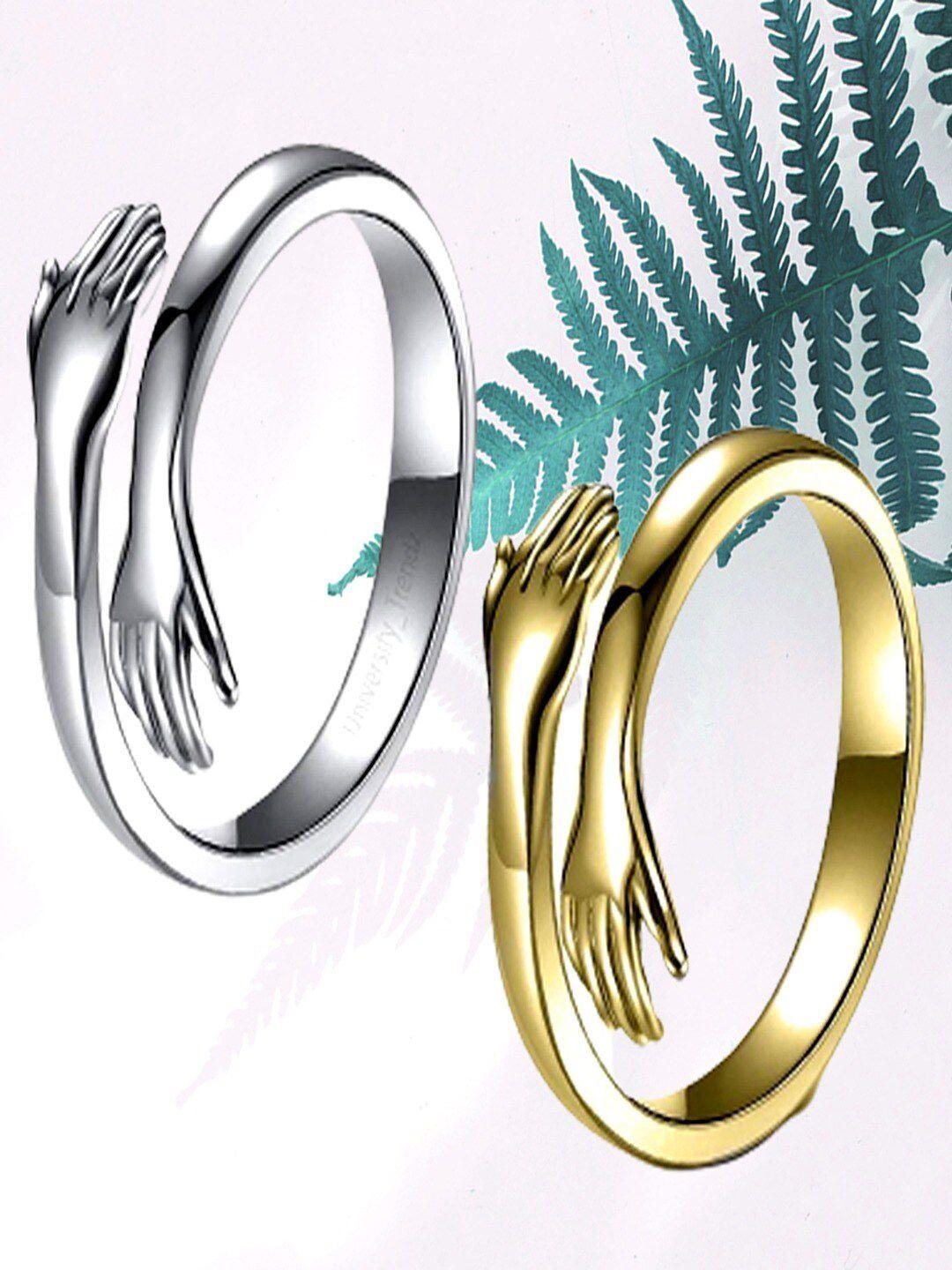 university trendz set of 2 silver & gold-plated hug adjustable finger rings