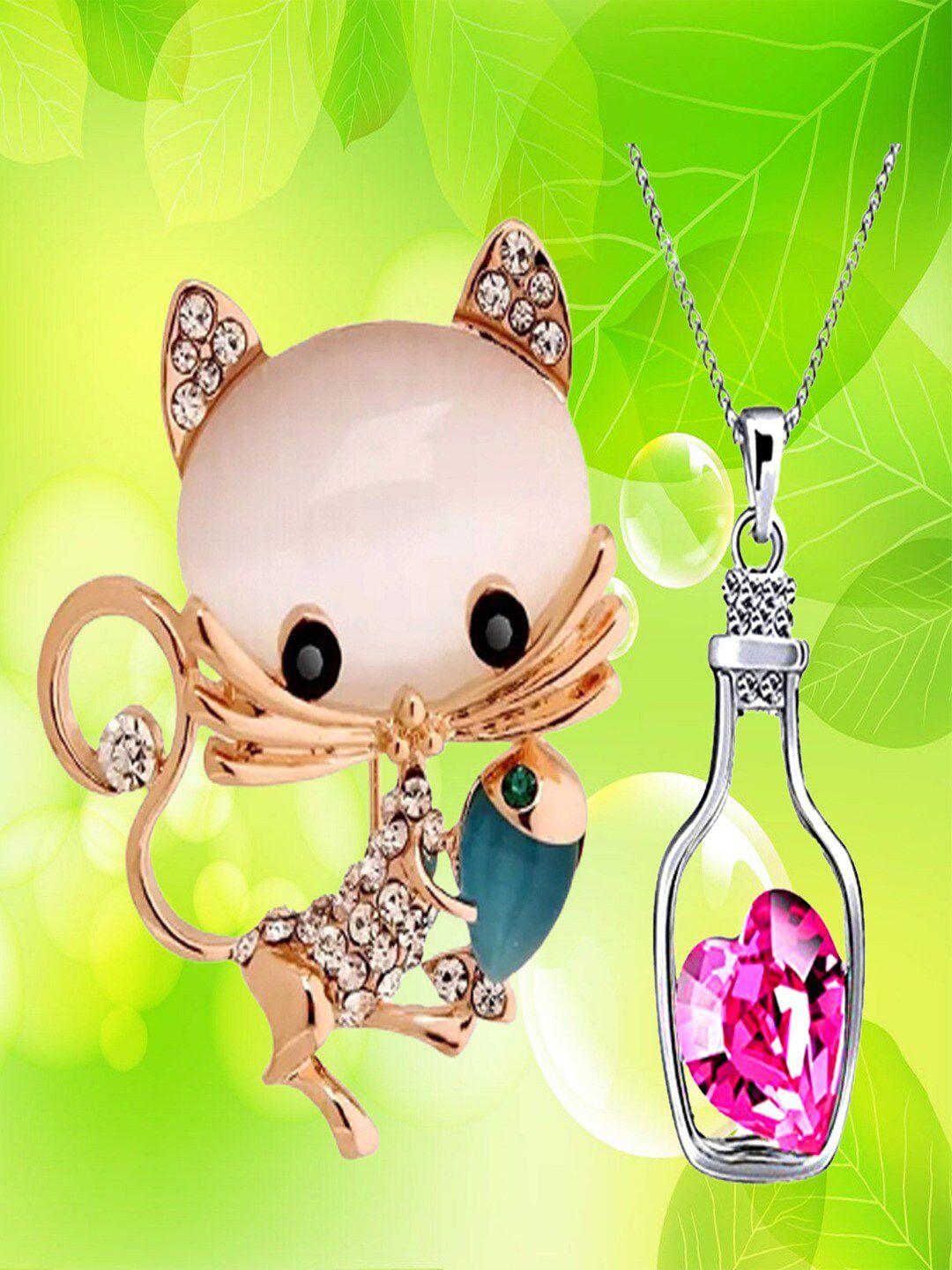 university trendz crystal silver-plated pendant necklace & fish and catchy cat brooch