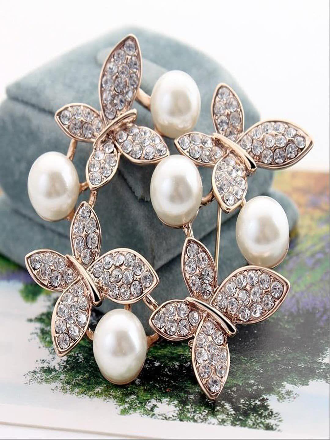 university trendz gold-plated crown circle-designed pearl & crystal studded brooch