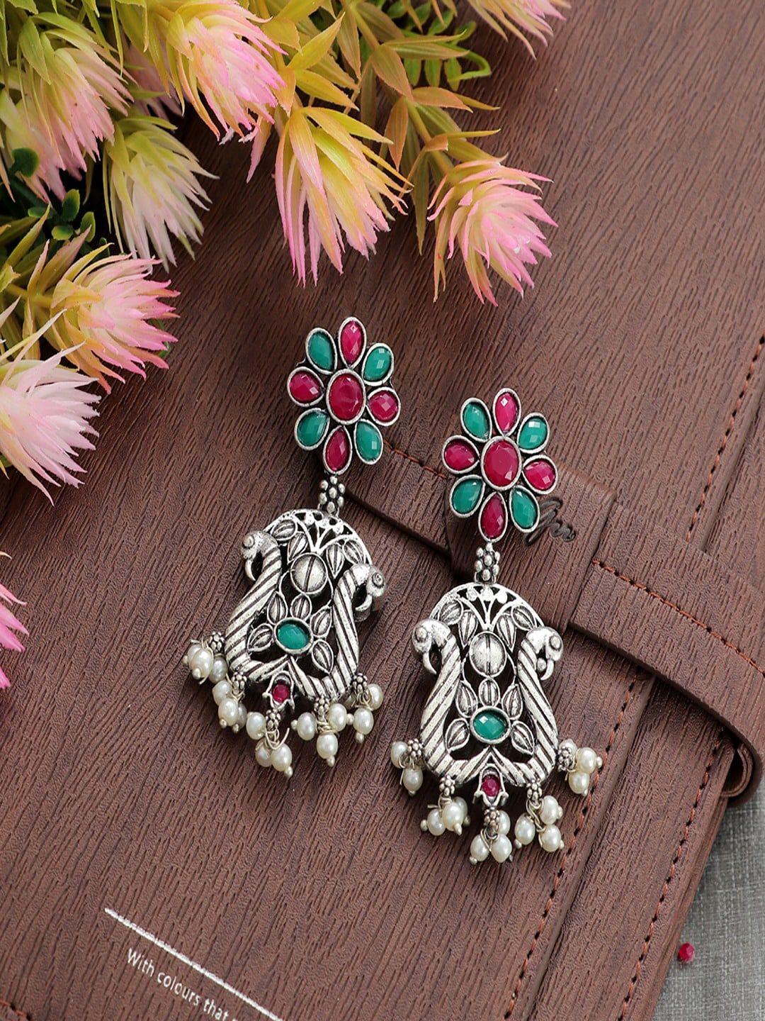 university trendz green peacock shaped jhumkas earrings