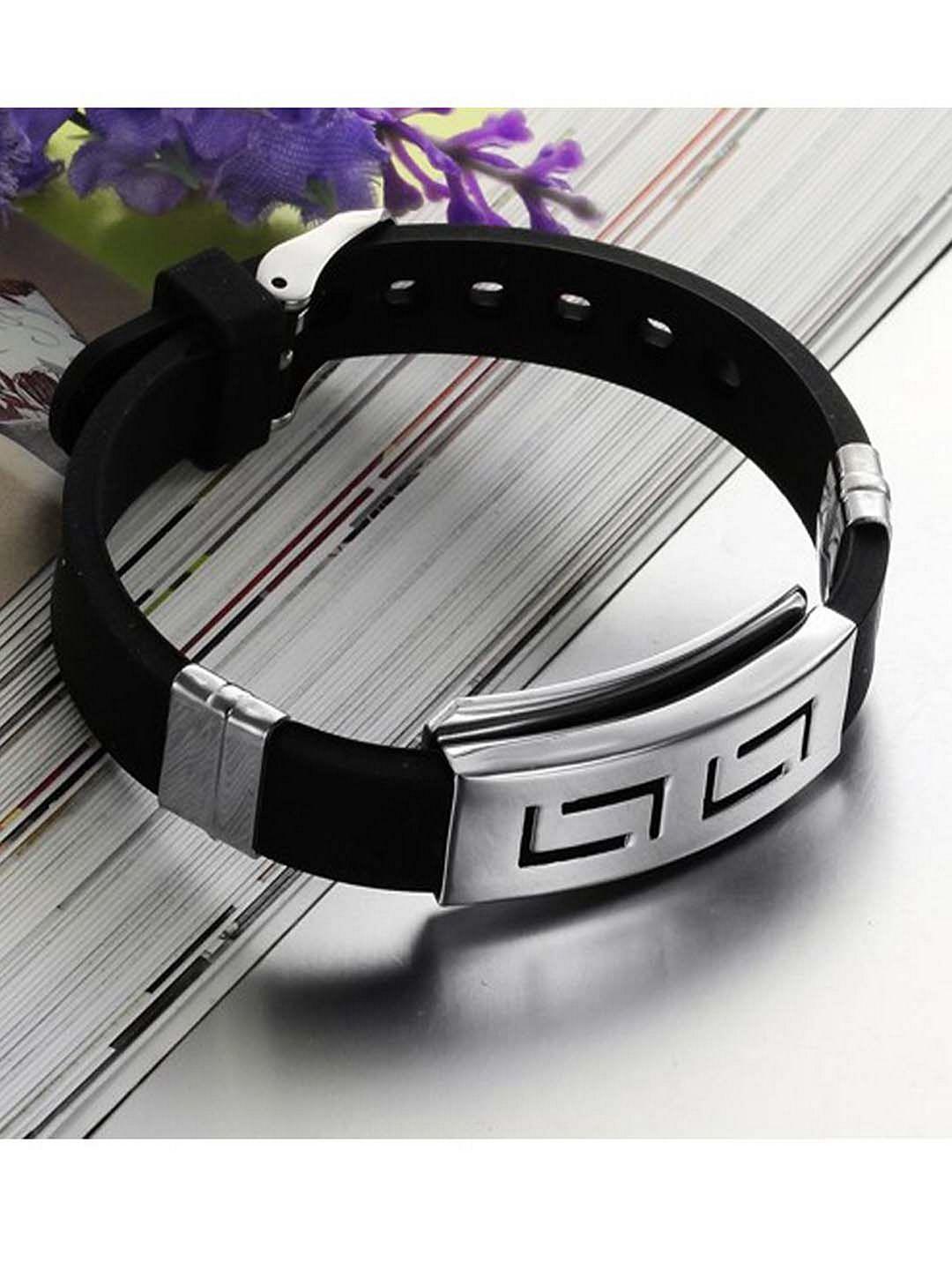 university trendz men black & silver-toned wraparound bracelet