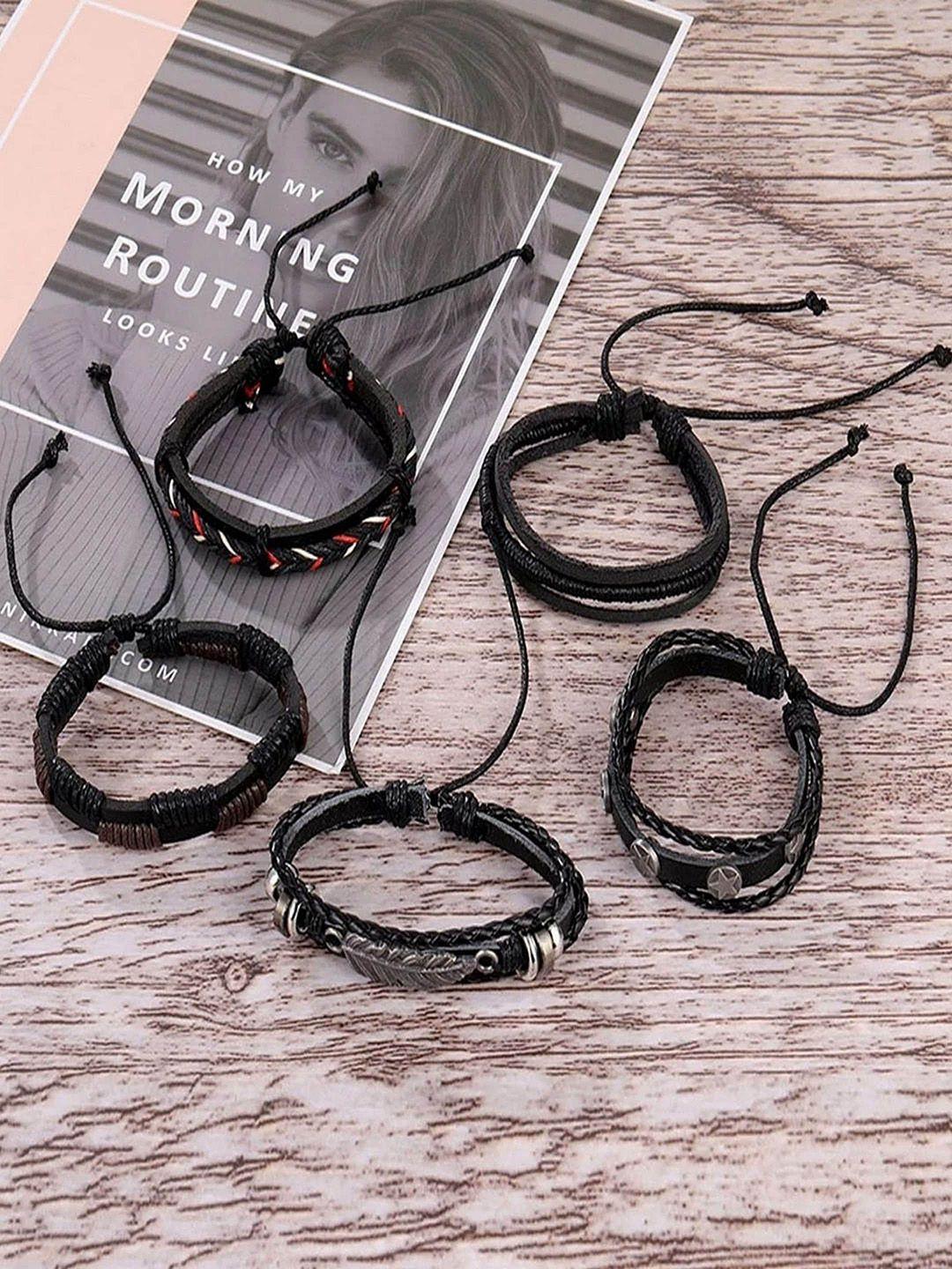 university trendz pack of 5 unisex black pu leather multilayer adjustable bracelet