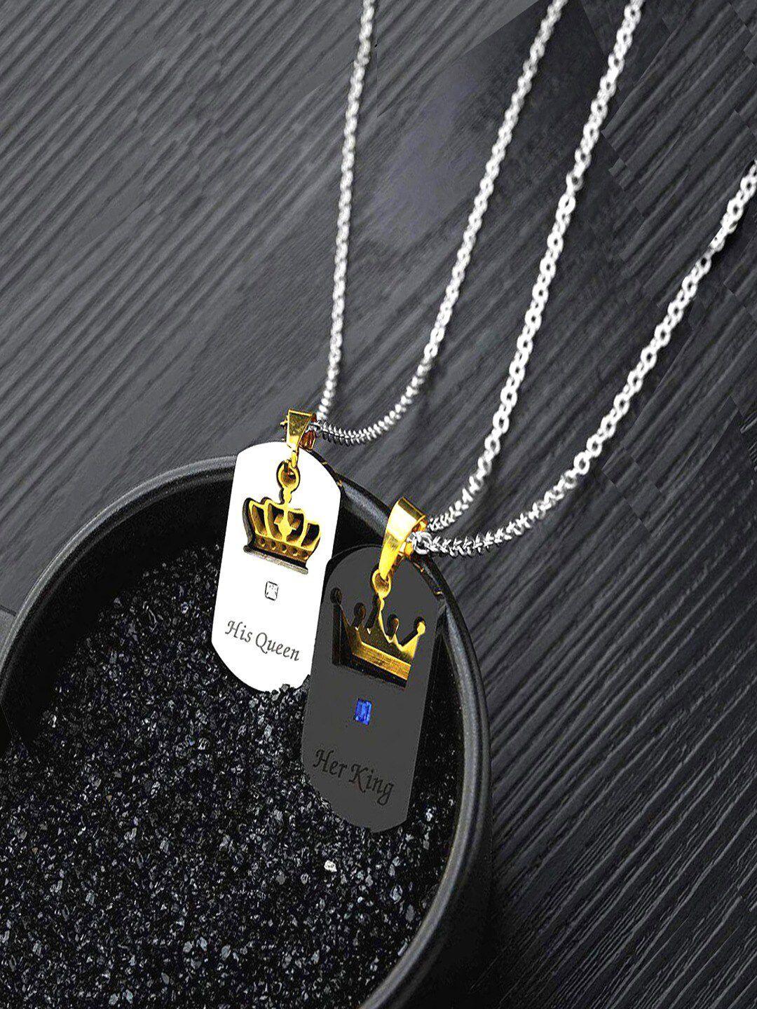 university trendz set of 2 silver-plated crown king-queen pendant necklace