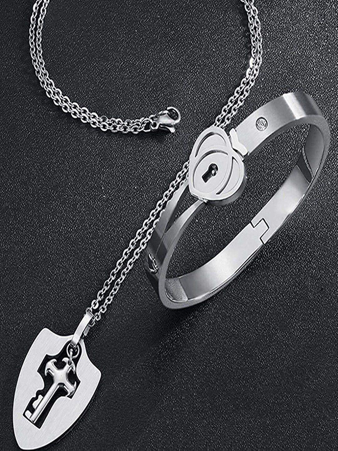 university trendz set of 2 silver-plated wraparound bracelet and pendent chain set