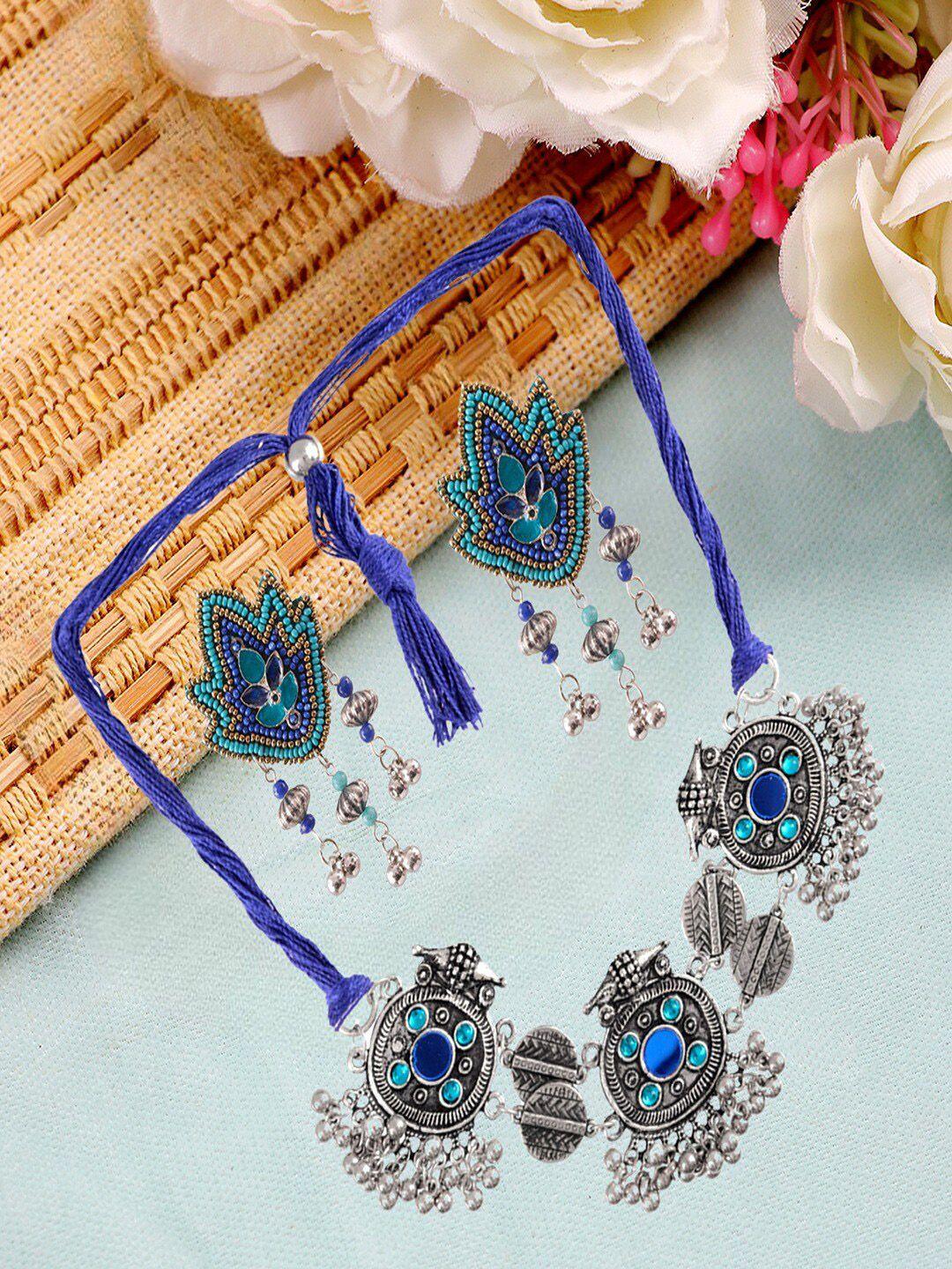 university trendz silver-plated blue kundan-studded & beaded jewellery set