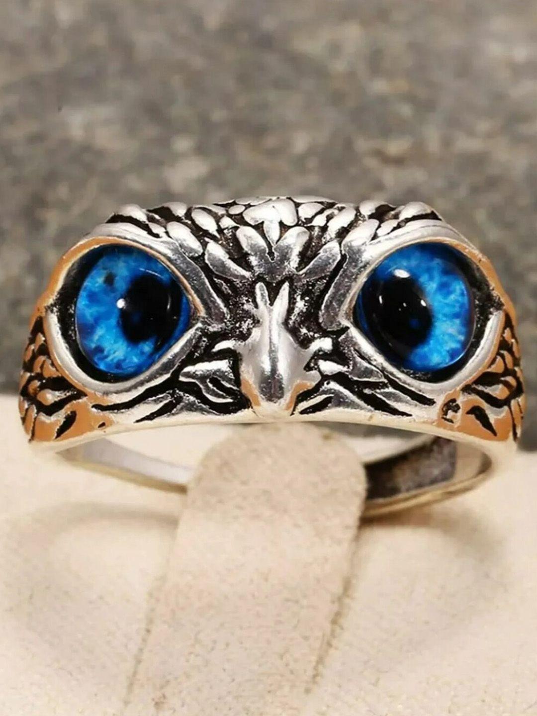 university trendz silver plated cats eye stones studded owl design adjustable finger ring