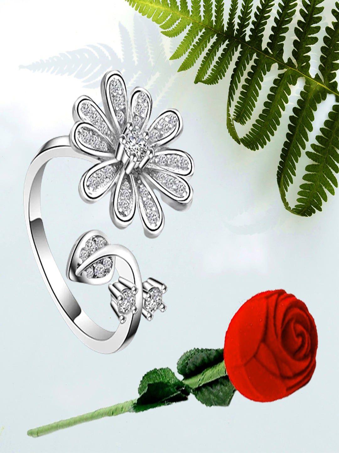 university trendz silver-plated crystal studded adjustable ring with red rose velvet set