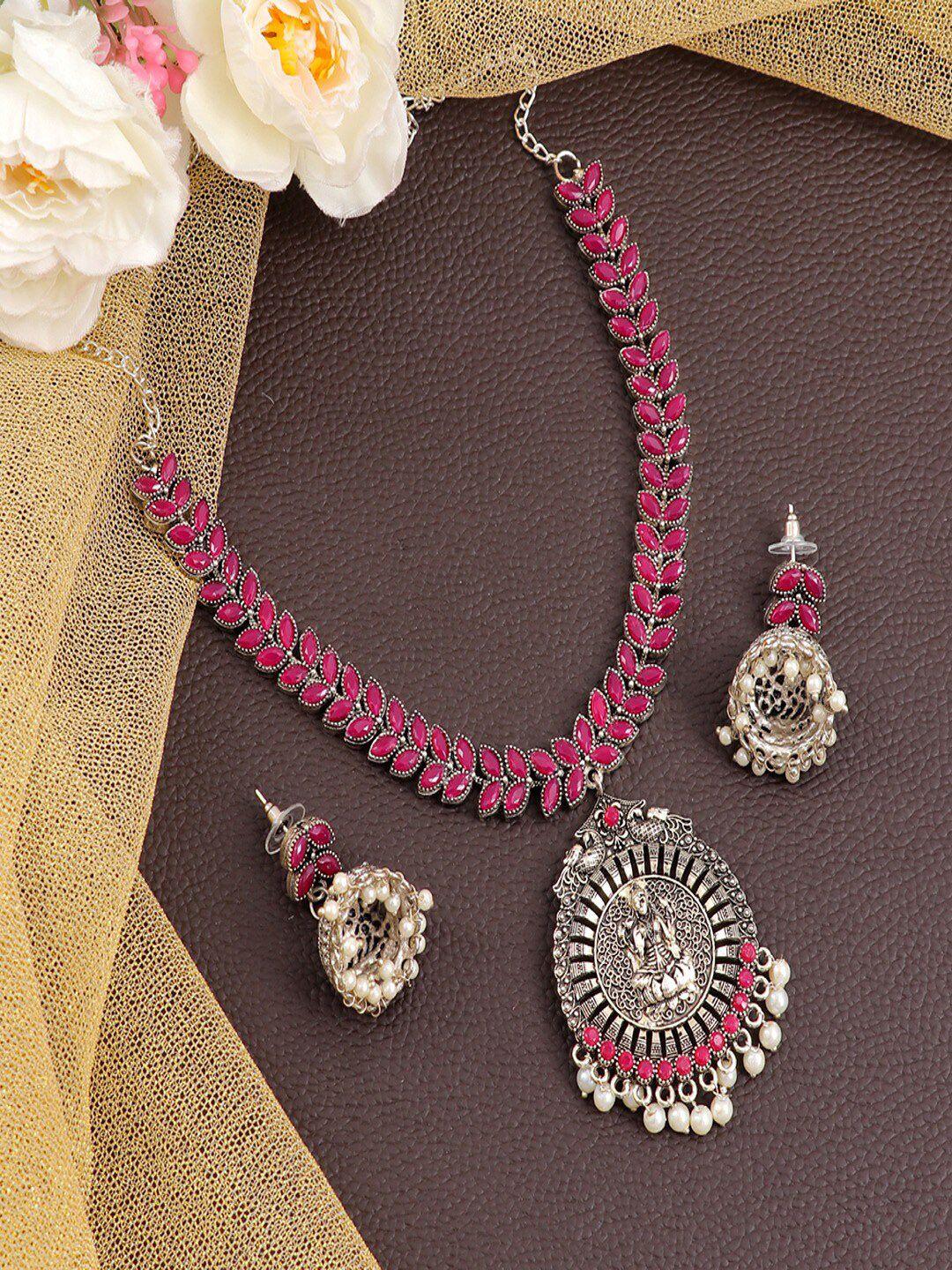 university trendz silver-plated oxidized stones studded & beaded temple jewellery set