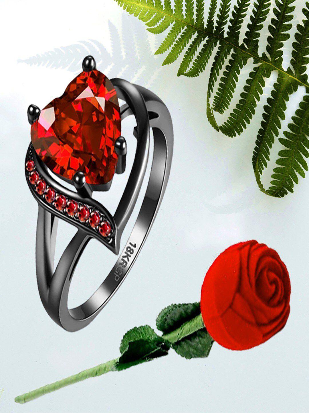 university trendz silver-plated stone studded heart charm ring with artificial velvet rose