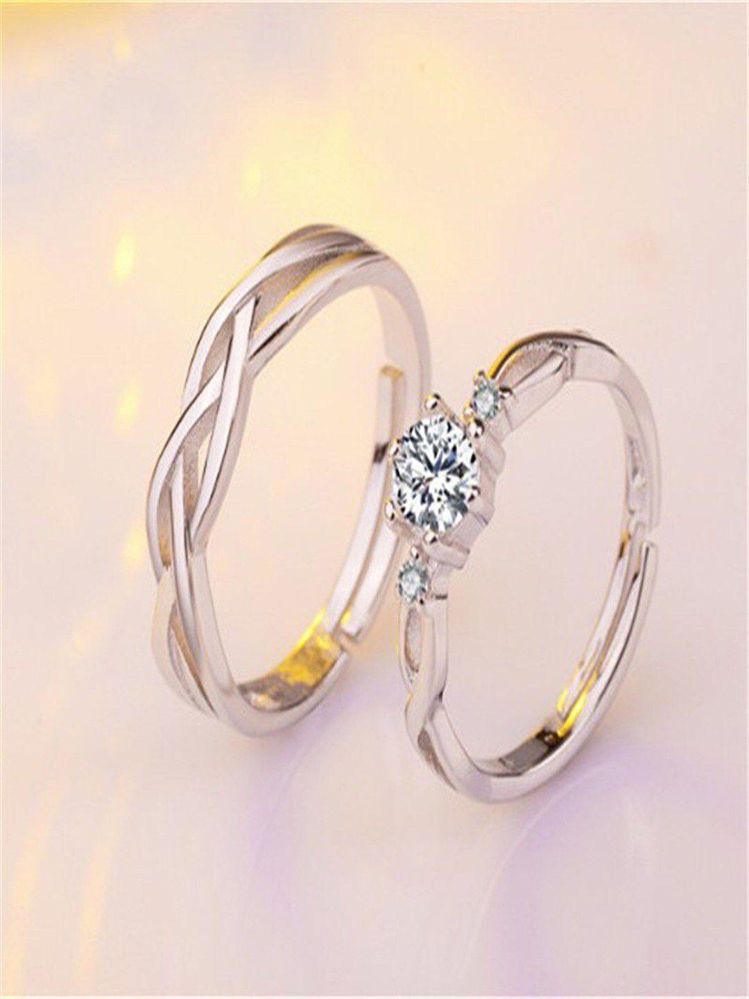 university trendz sparkling set of 2 silver-plated crystal studded couple finger rings