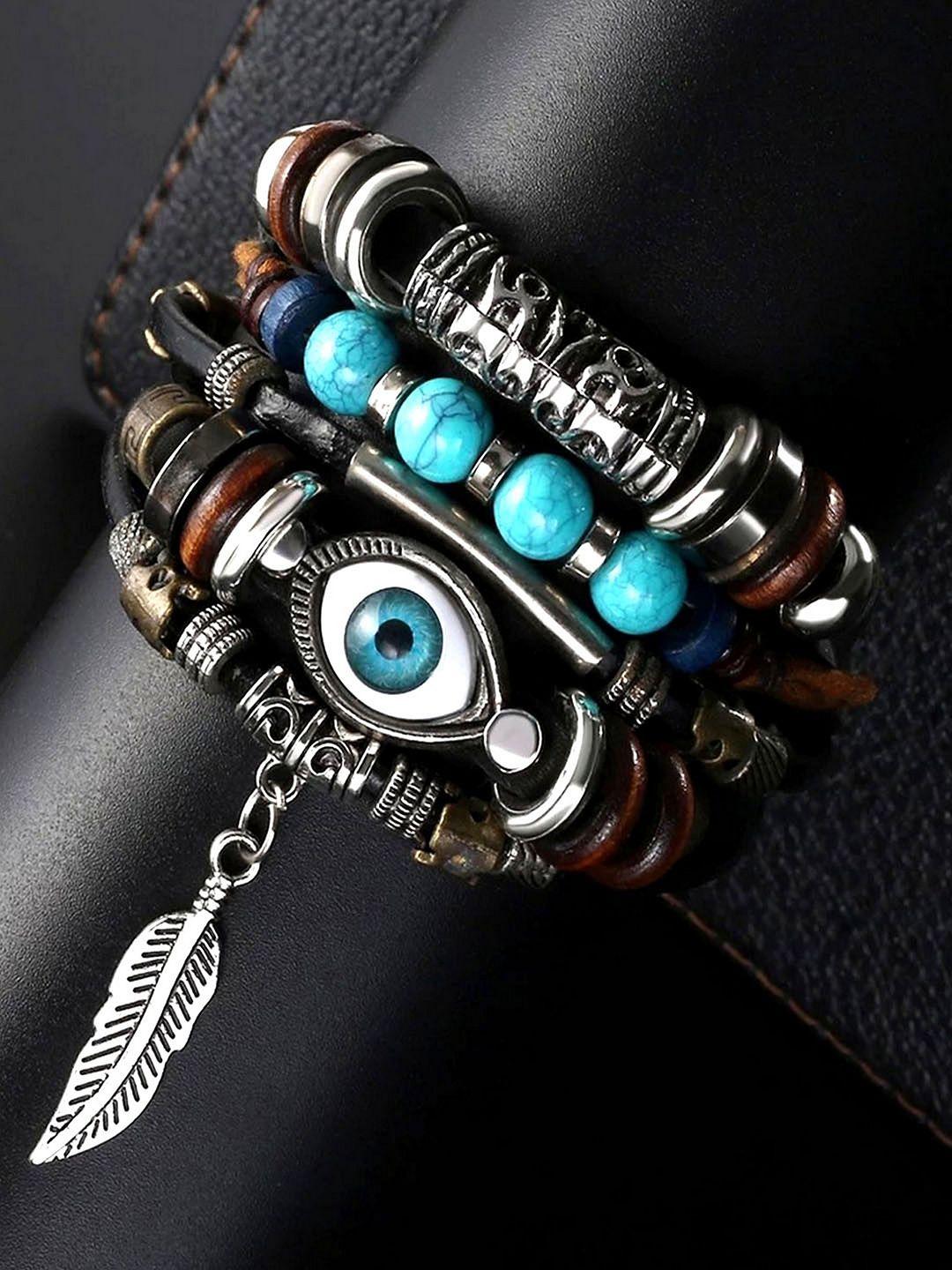 university trendz unisex  blue evil eye leaf charm multi bracelet