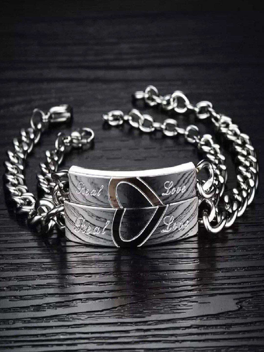 university trendz unisex 2 silver-toned & white antique silver-plated link bracelet