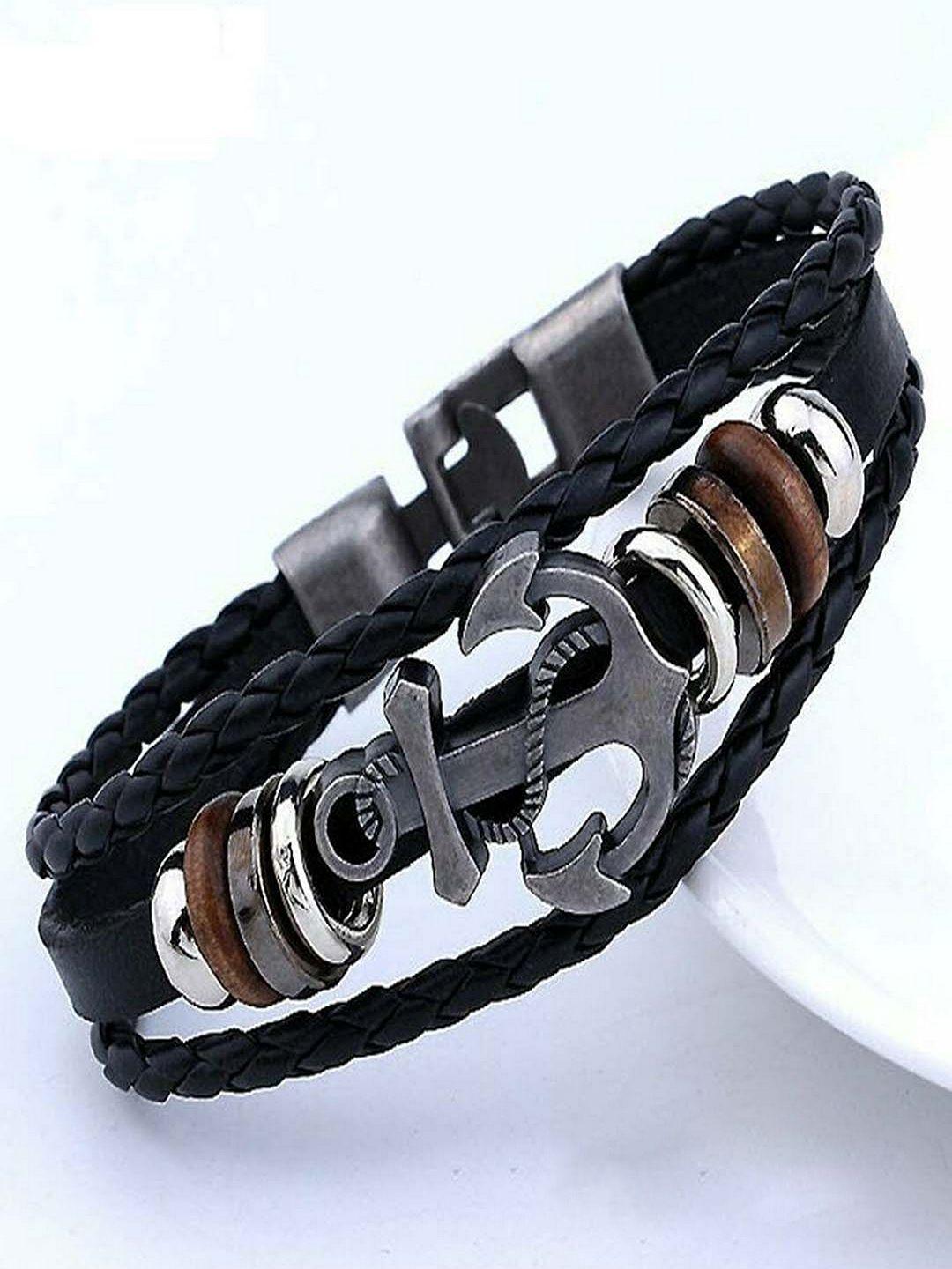 university trendz unisex black & silver-toned leather silver-plated multistrand bracelet