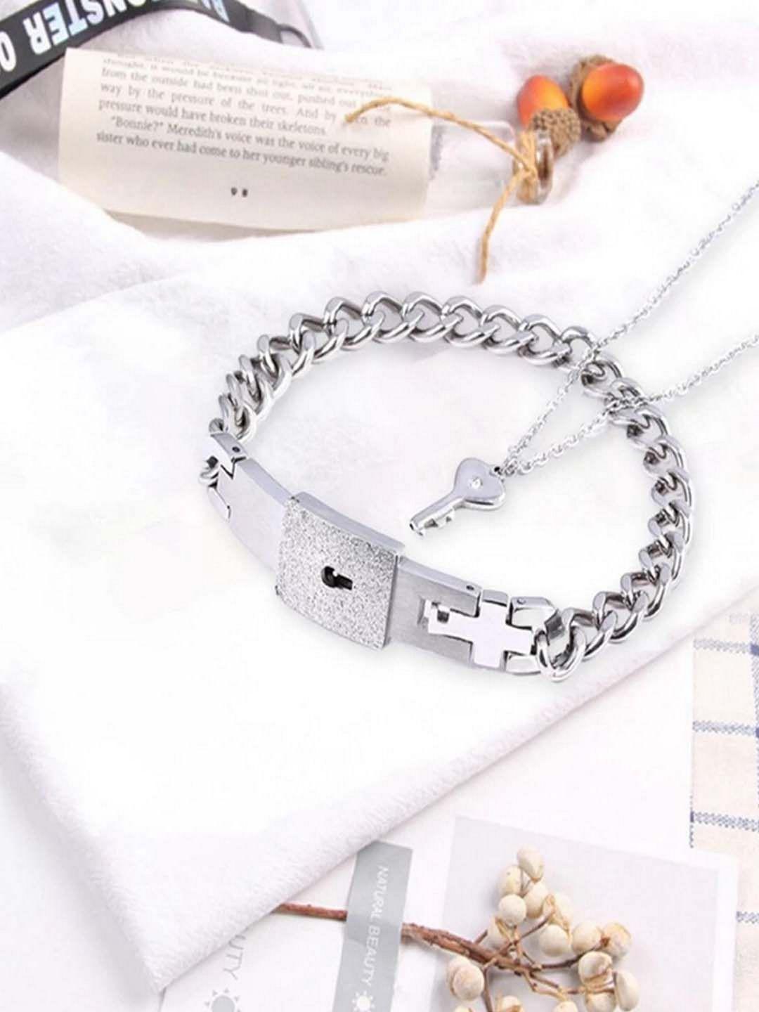 university trendz unisex stainless steel lock and key couple bracelet pendant necklace set